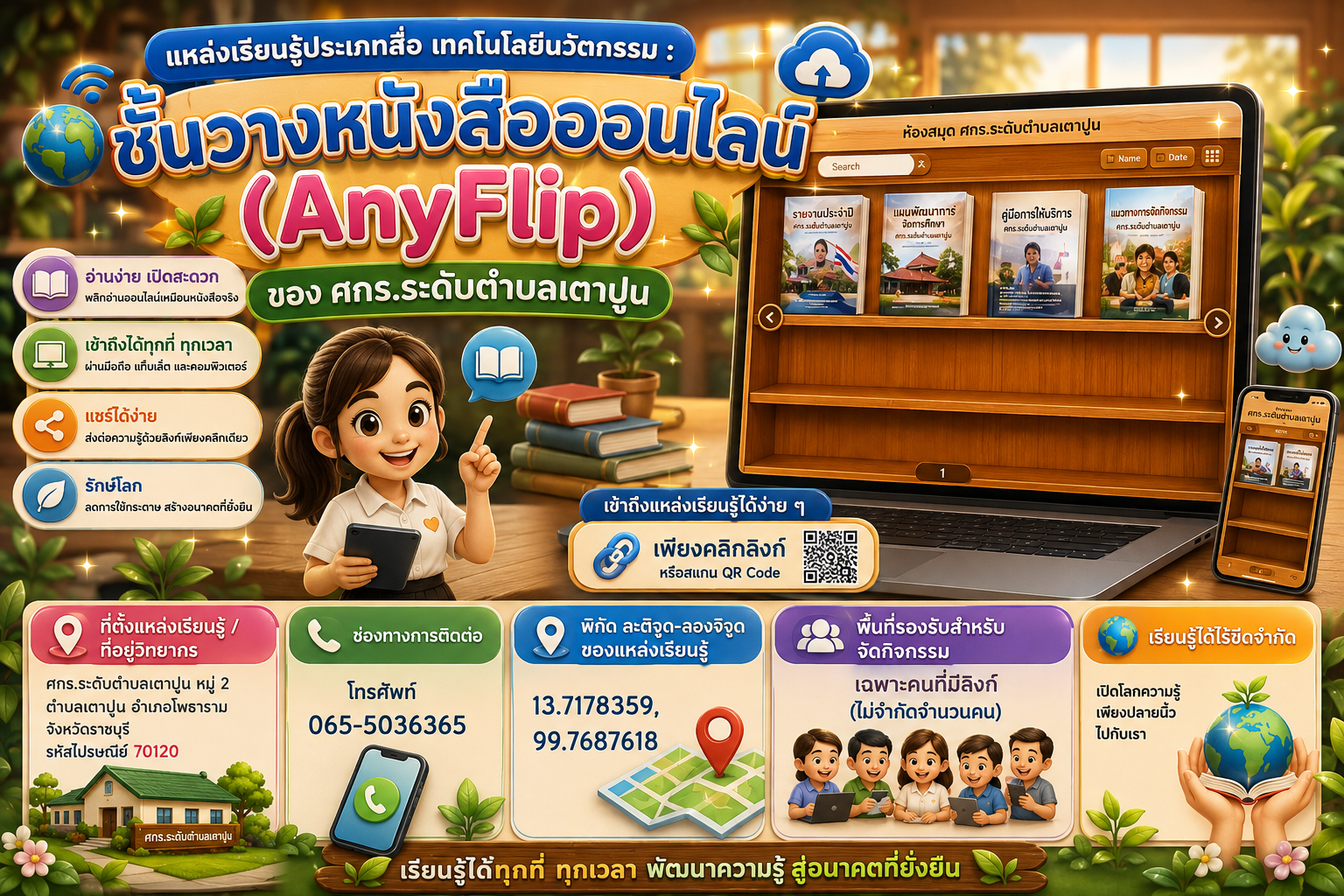 ชั้นวางหนังสือออนไลน์ (AnyFlip) ของศกร.ระดับตำบลเตาปูน