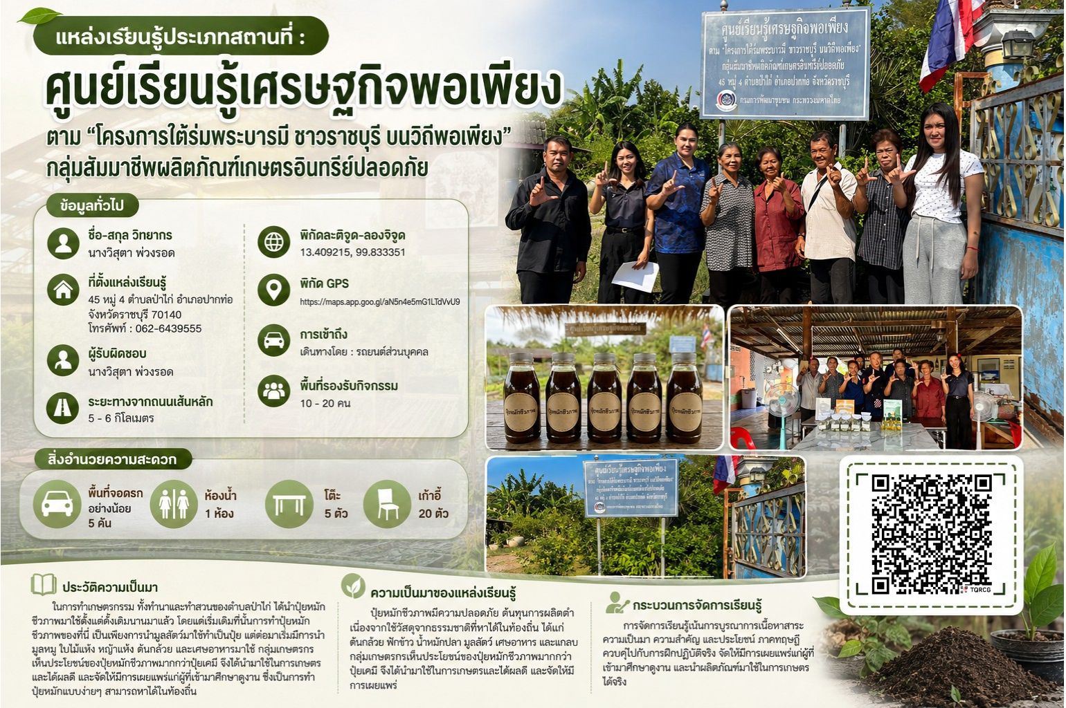 ศูนย์เรียนรู้เศรษฐกิจพอเพียงตาม “โครงการใต้ร่มพระบารมี ชาวราชบุรี บนวิถีพอเพียง”  กลุ่มสัมมาชีพผลิตภัณฑ์เกษตรอินทรีย์ปลอดภัย
